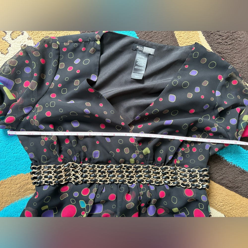 Bisou Bisou Black Babydoll Top with Colorful Dots And Chain Empire Waistline - Picture 4 of 5